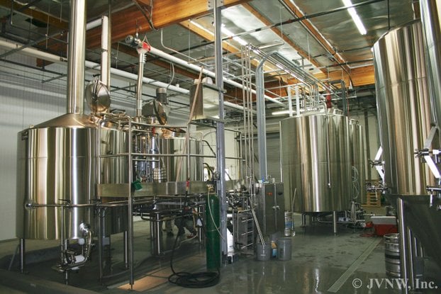 2-bbl fermenting tanks (to our right) at San Diego's Societe Brewing Co. (units by GVNW Inc.)