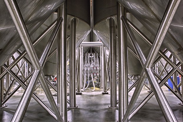 Stone Brewing uses bright beer tanks from Mueller in Springfield, Mo. From this angle, those tanks look like amazing industrial art. 