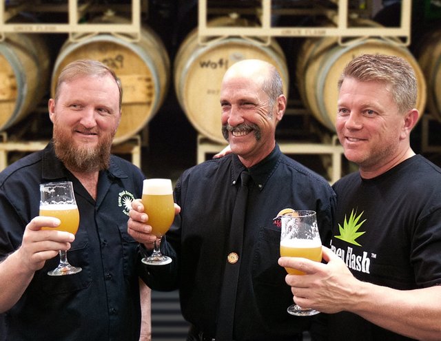 L to R: Mike Hinkley (Green Flash Co. founder and CEO), Chuck Silva (Green Flash brewmaster)  and Pat McIlhenney (President and brewmaster at Alpine Beer Co.).