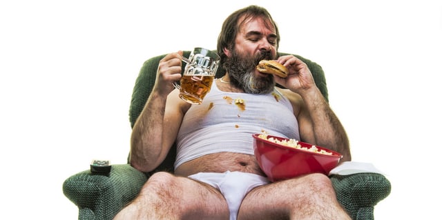 fat guy eating food and drinking beer cbb crop
