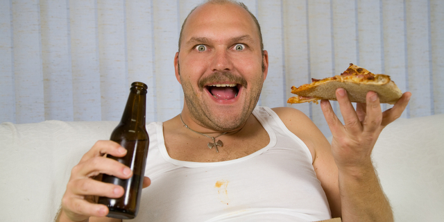 beer and pizza fat guy
