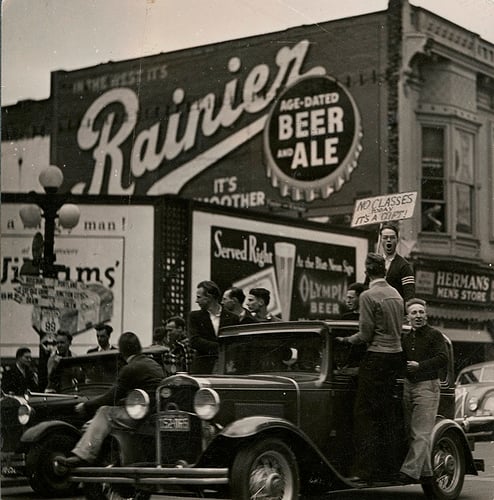 Guys on Car (Rainier Beer and Ale) Date: circa 1930s Item Notes: Eugene (Ore.)