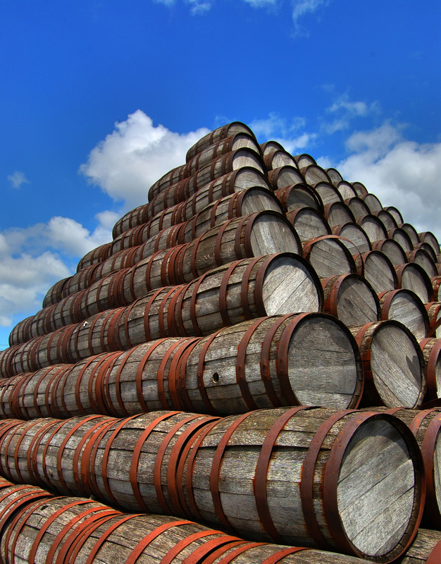 beer barrels stacked high