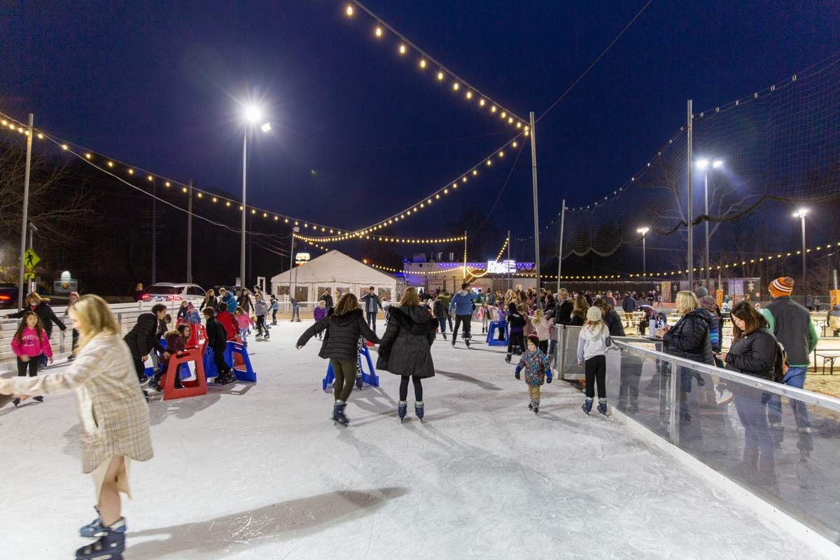 Fifty West Brewing ice skating rink in the dark