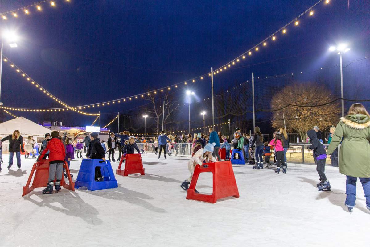 Fifty West Brewing ice skating rink  night skating with lights