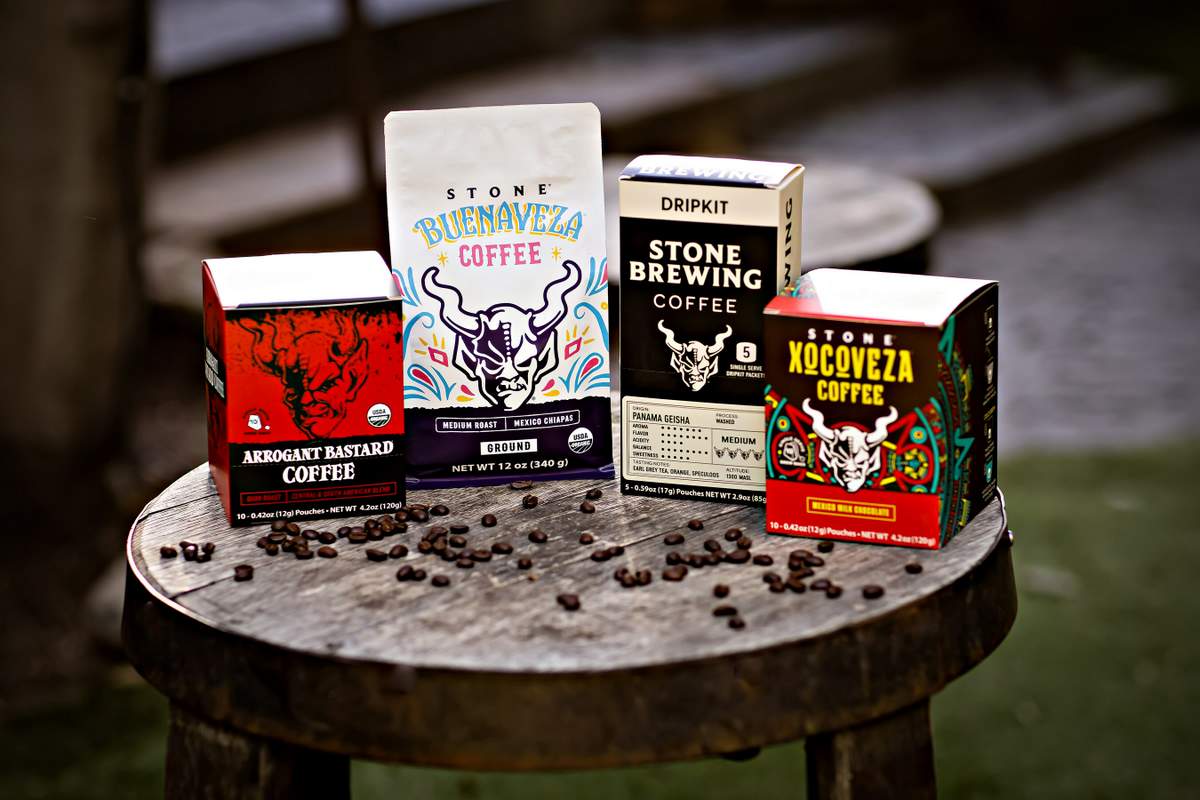 Stone Brewing Coffee products on a wooden stool 