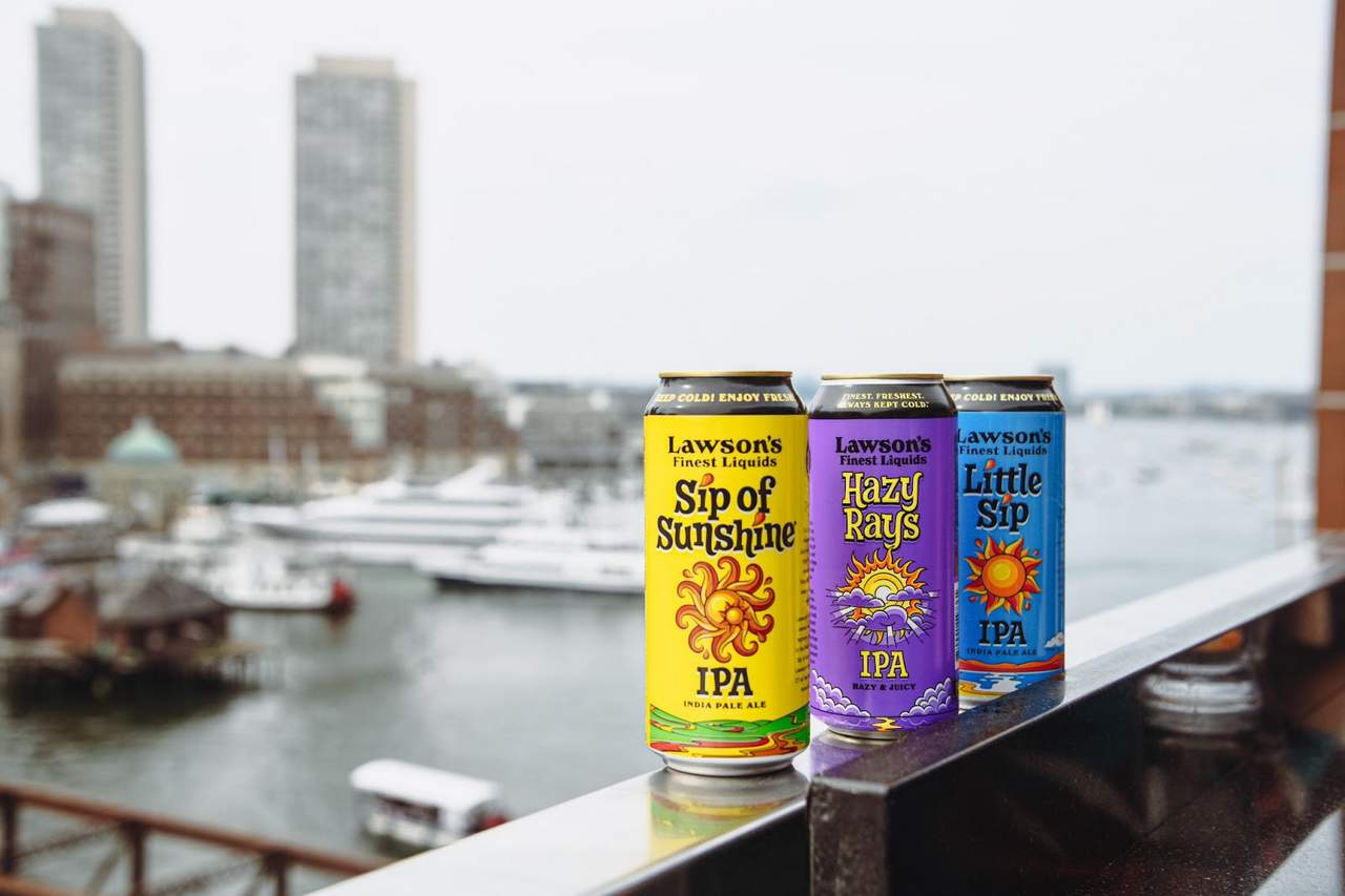 Lawson's Finest Liquids beers overlooking a harbor