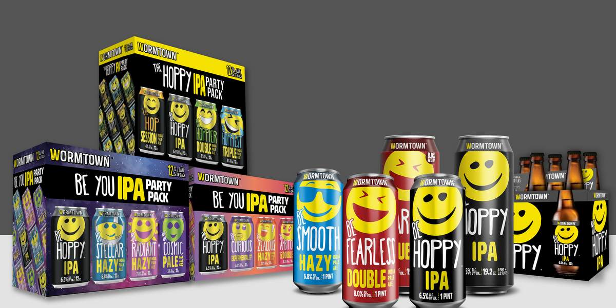 Wormtown's new look displayed on their year-round beer offerings and upcoming 2024 variety pack releases.